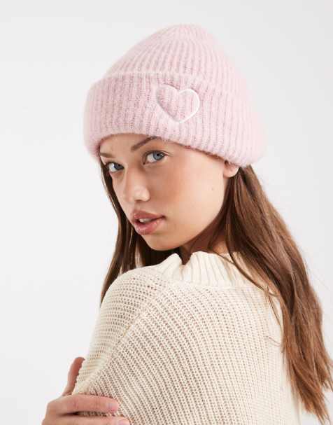 Miss Selfridge knitted beanie hat with heart embroidery in soft pink - view 1