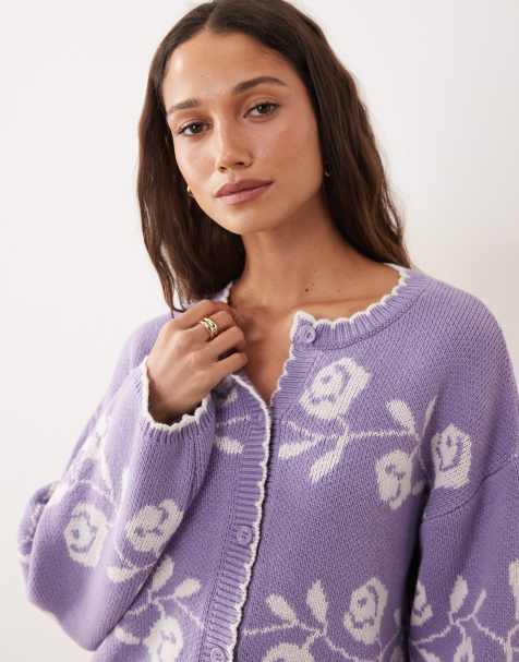 Miss Selfridge knitted blanket stitch cardigan with florals in lilac - view 1