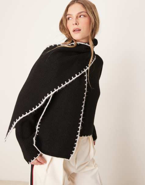 Miss Selfridge knitted blanket stitch jumper with scarf in black - view 1
