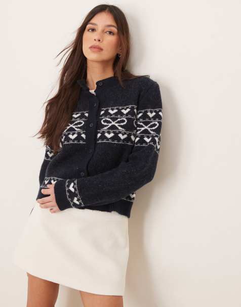 Miss Selfridge knitted bow pattern cardigan in navy - view 1