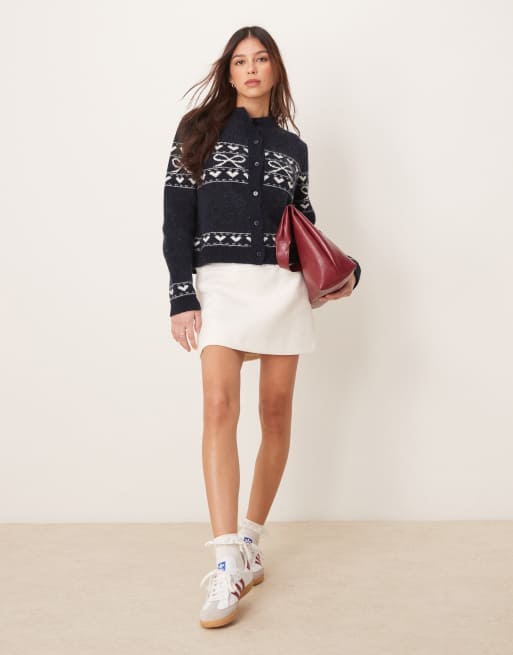 Miss Selfridge knitted bow pattern cardigan in navy, 4 of 4