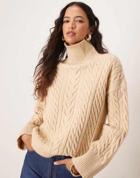 Miss Selfridge knitted cable funnel neck jumper in buttermilk - view 1