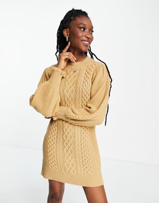 Miss Selfridge knitted cable mini dress in camel