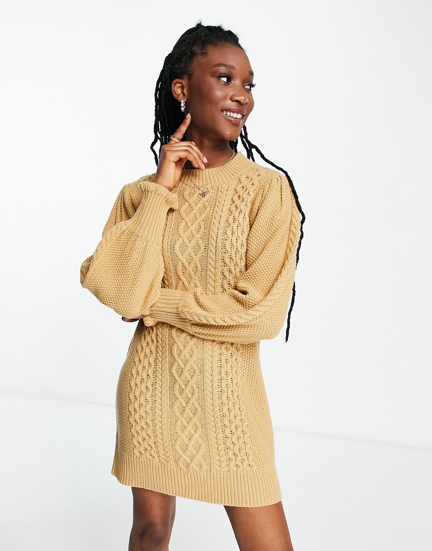 Miss Selfridge knitted cable mini dress in camel-Neutral