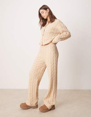 knitted cable wide leg pants in taupe - part of a set-Neutral