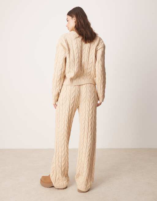 Miss Selfridge knitted cable wide leg trousers in taupe co ord, 2 of 5