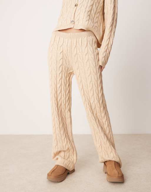 Miss Selfridge knitted cable wide leg trousers in taupe co ord, 3 of 5
