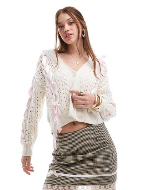 Miss Selfridge knitted cardigan with satin bows in oatmeal - view 1