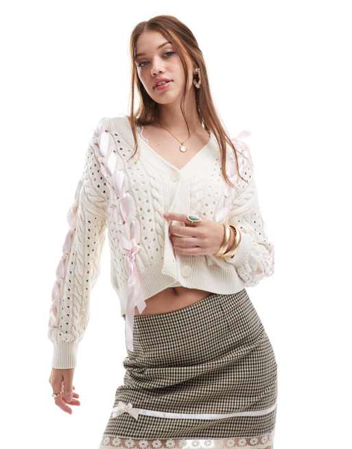 Miss Selfridge knitted cardigan with satin bows in oatmeal