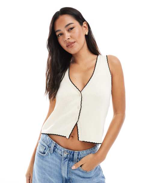 Miss Selfridge knitted contrast blanket stitch waistcoat in cream - view 1
