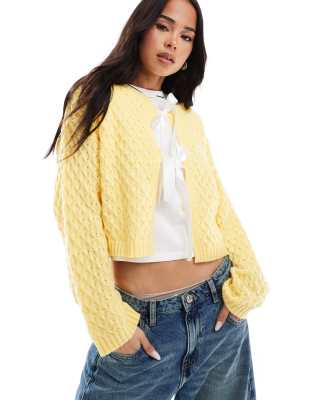 Miss Selfridge knitted contrast satin bow cardigan-Yellow