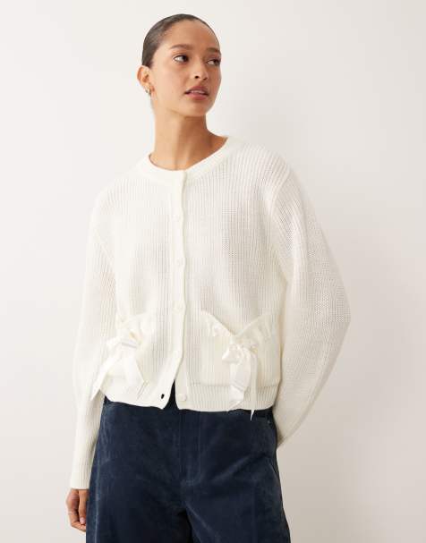 Miss Selfridge knitted crew cardigan with bow pocket detail - view 1