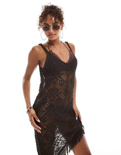 Miss Selfridge knitted crochet asymmetric fringed beach midi dress - view 1
