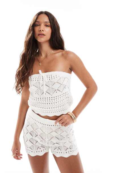 Miss Selfridge knitted crochet booty short beach co ord in cream - view 1