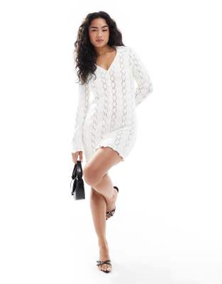 Miss Selfridge knitted crochet lace button up long sleeve summer dress in cream-White