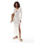 [Miss Selfridge] Miss Selfridge knitted crochet o ring long sleeve maxi dress in cream-White XS CREAM