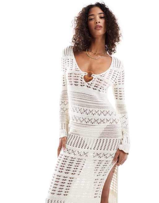 Miss Selfridge knitted crochet  o ring long sleeve maxi dress in cream, 2 of 4