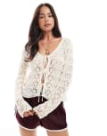 [Miss Selfridge] Miss Selfridge knitted crochet tie front cardigan in cream-White XS CREAM