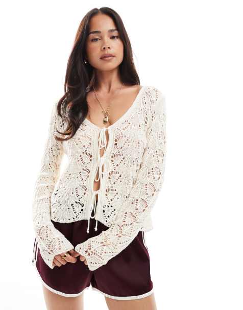Miss Selfridge knitted crochet tie front puff sleeve top in cream - view 1