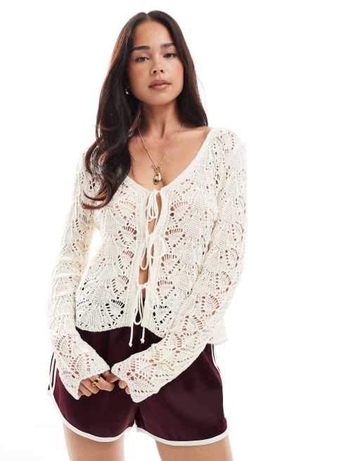Miss Selfridge knitted crochet tie front puff sleeve top in cream