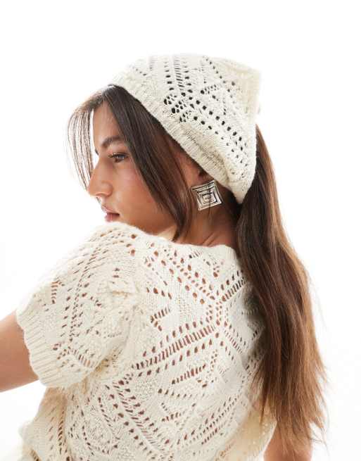 Miss Selfridge knitted crochet top and headscarf set in cream, 2 of 4