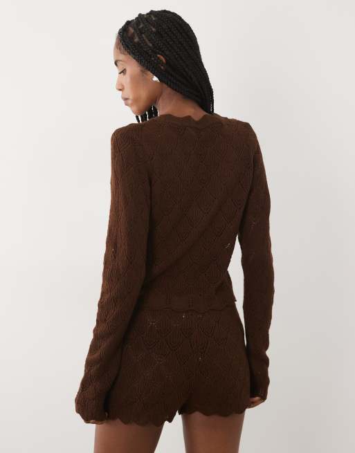 Miss Selfridge knitted crochet v-neck cardigan co-ord in chocolate brown, 3 of 4