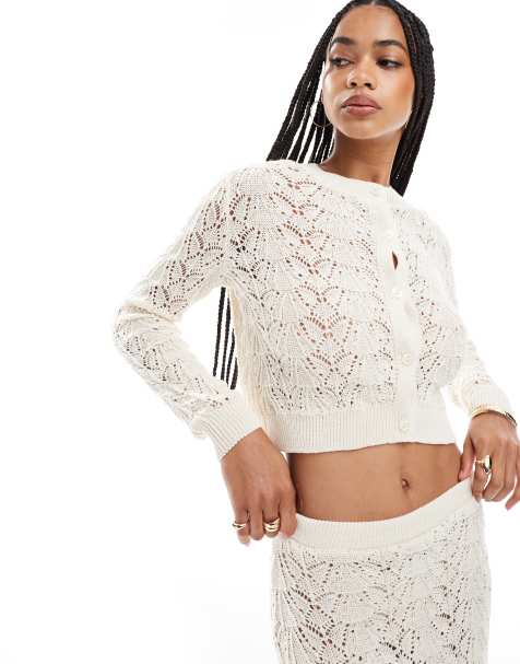 Miss Selfridge knitted crotchet cardigan co ord in cream
