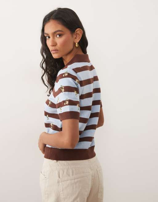 Miss Selfridge knitted embroidered stripe polo in choc stripe, 3 of 4