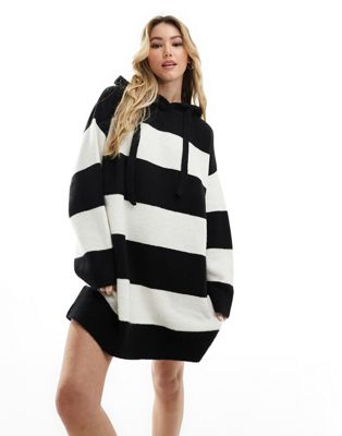 Miss Selfridge knitted hooded jumper dress in mono stripe