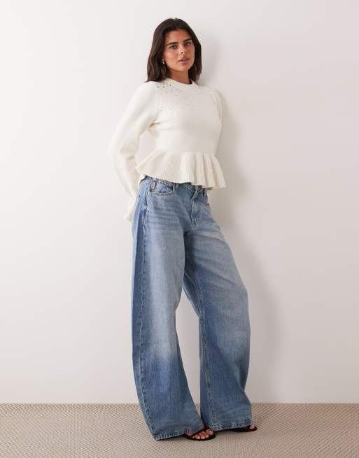 Miss Selfridge knitted jumper with peplum hem and embellishment in cream, 3 of 4