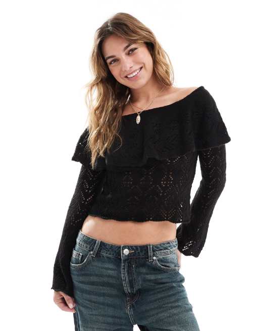 Miss Selfridge knitted lace bardot top in black ASOS