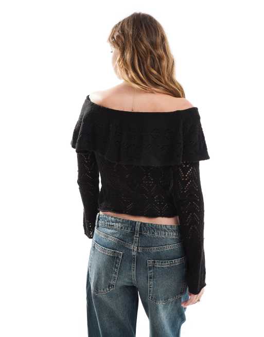 Miss Selfridge knitted lace bardot top in black ASOS