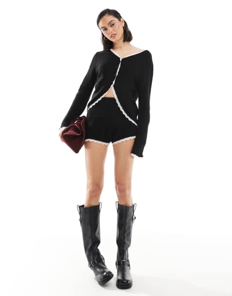 Miss Selfridge knitted lace trim booty short co ord - view 1