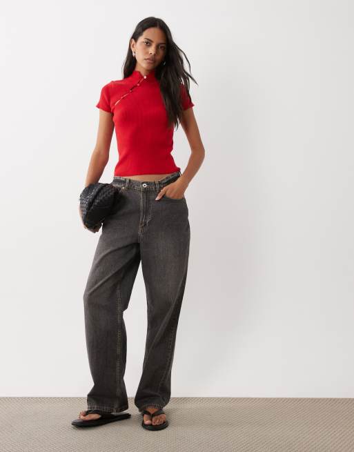 Miss Selfridge knitted mandarin collar top in red, 2 of 4