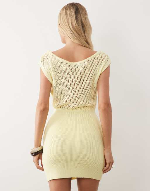 Miss Selfridge knitted off shoulder dress in butter yellow, 4 of 4