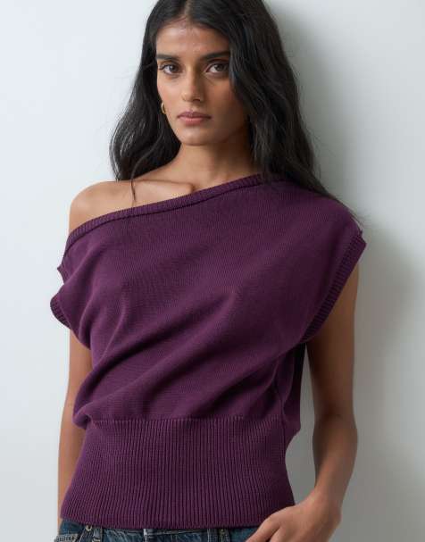 Miss Selfridge knitted off shoulder top in purple