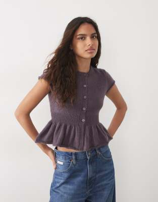 Miss Selfridge Knitted Peplum Cardigan In Purple