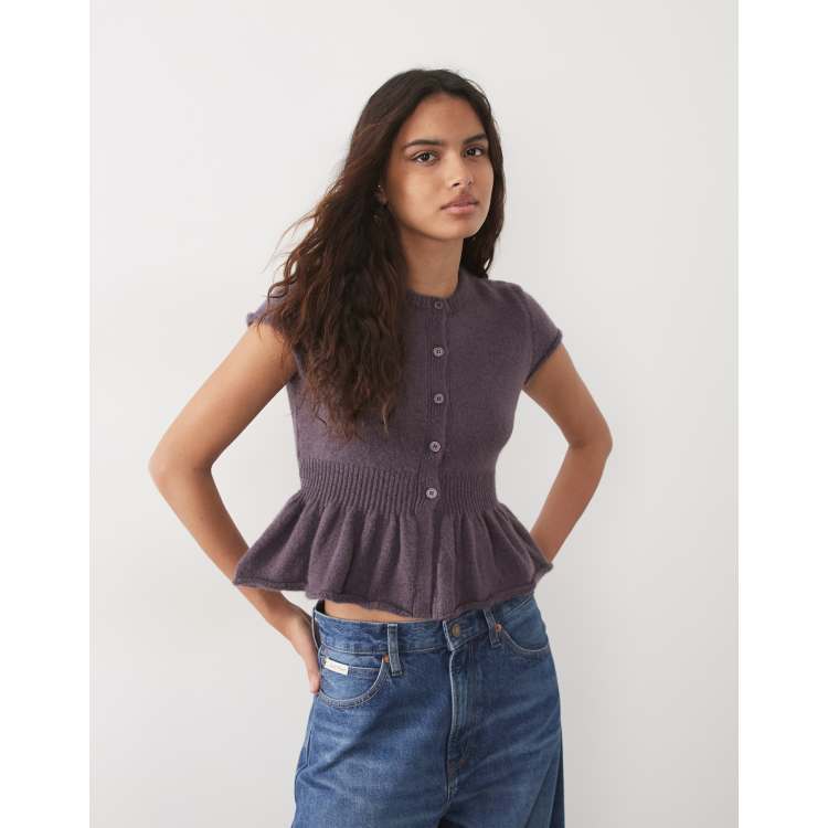 Miss Selfridge knitted peplum cardigan in grape | ASOS