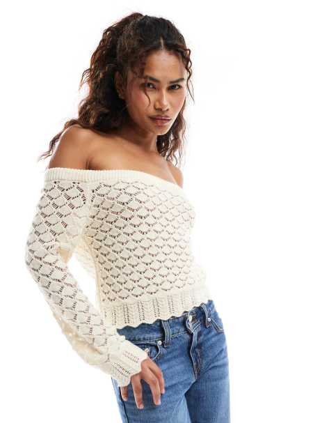 Miss Selfridge knitted pointelle bardot jumper in cream - view 1