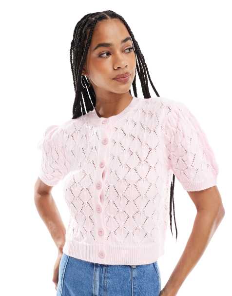 Miss Selfridge knitted pointelle puff short sleeve button up top in pink - view 1