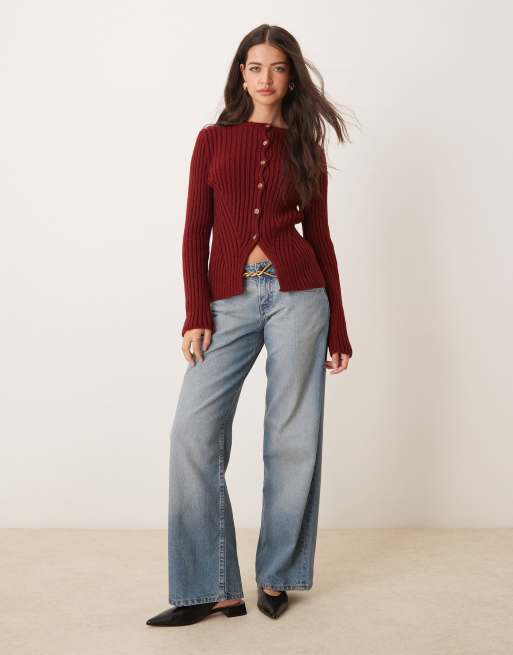 Miss Selfridge knitted rib cardigan in burgundy, 2 of 4