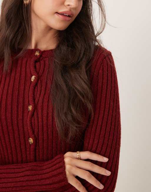 Miss Selfridge knitted rib cardigan in burgundy, 3 of 4