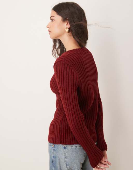 Miss Selfridge knitted rib cardigan in burgundy, 4 of 4