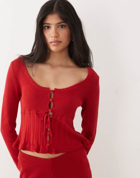 Miss Selfridge knitted scallop cardigan with frill detail in red (part of a set) - view 1
