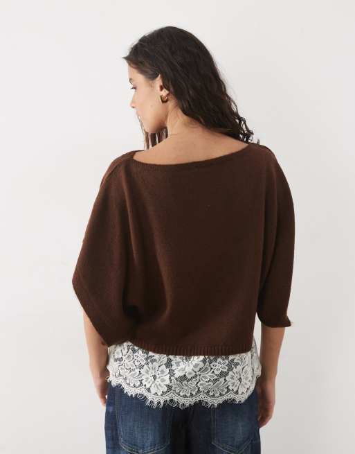 Miss Selfridge knitted slash neck top with lace hem in chocolate, 4 of 4