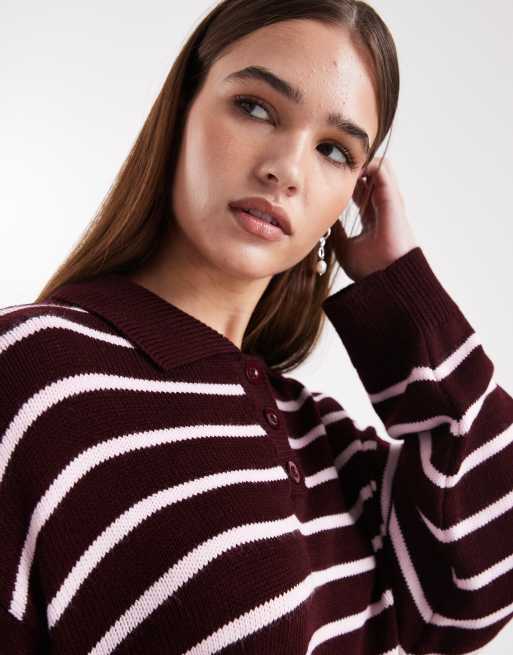 Miss Selfridge knitted stripe polo jumper in burgundy and pink, 2 of 4