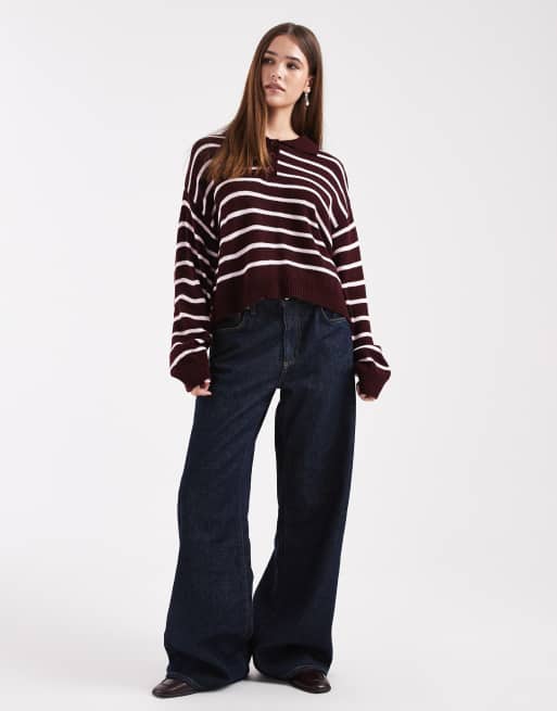 Miss Selfridge knitted stripe polo jumper in burgundy and pink, 3 of 4