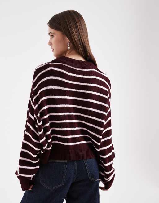 Miss Selfridge knitted stripe polo jumper in burgundy and pink, 4 of 4