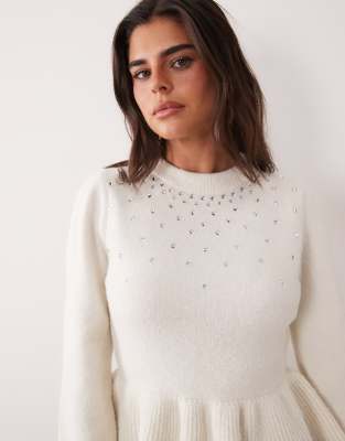 Miss Selfridge Knitted Sweater With Peplum Hem And Embellishment In Neutral