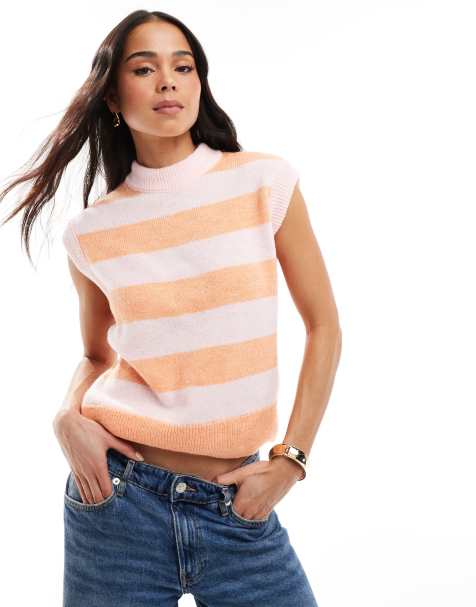 Miss Selfridge knitted tank in soft pink and orange stripe - view 1